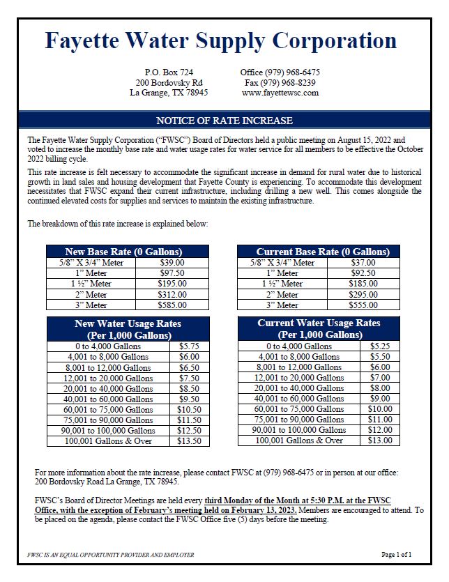 Recent News Fayette Water Supply Corporation